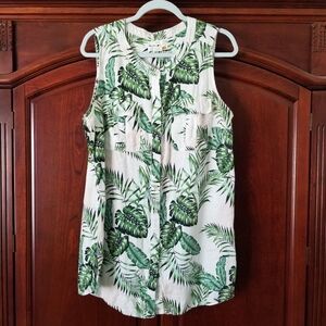C&C California Green Leaf Tropical Print Button Down 100% Linen Shirt Size 1X